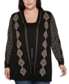 Belldini Plus Size Lurex Jacquard Open-front Cardigan Sweater In Black