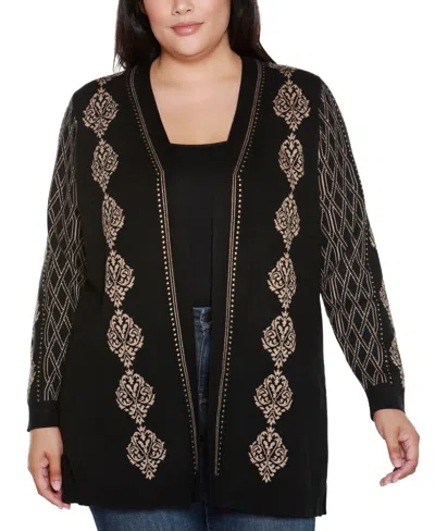 Belldini Plus Size Lurex Jacquard Open-front Cardigan Sweater In Black