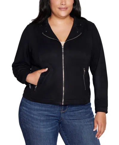 Belldini Plus Size Moto Faux Suede Jacket In Black,silver