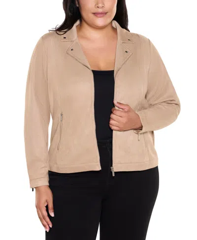 Belldini Plus Size Moto Faux Suede Jacket In Fawn,silver