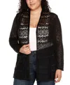 Belldini Plus Size Open-front Pointelle-trim Cardigan Sweater In Black