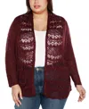 Belldini Plus Size Open-front Pointelle-trim Cardigan Sweater In Burgundy