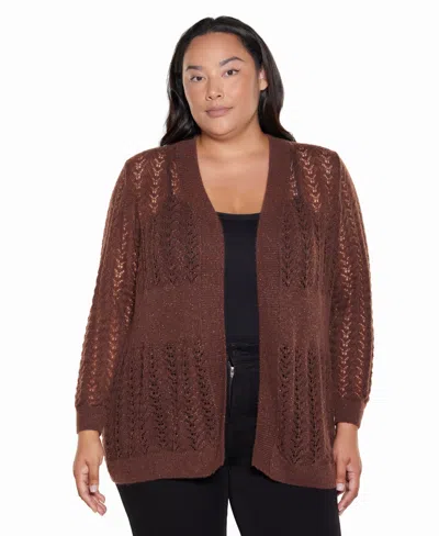 Belldini Plus Size Open-front Lightweight Pointelle Cardigan Sweater In Brown
