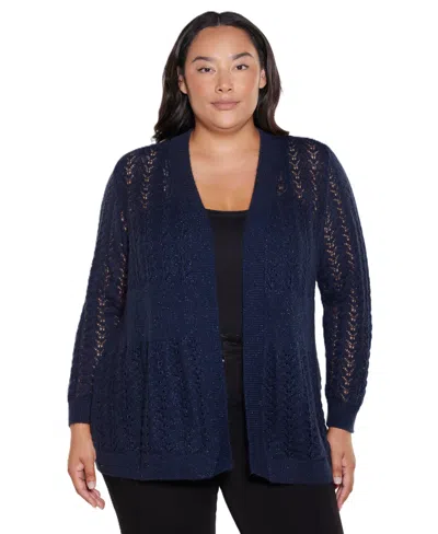 Belldini Plus Size Open-front Lightweight Pointelle Cardigan Sweater In Multi