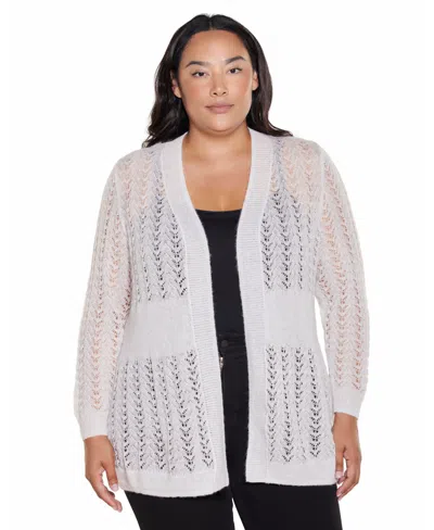 Belldini Plus Size Open-front Lightweight Pointelle Cardigan Sweater In White