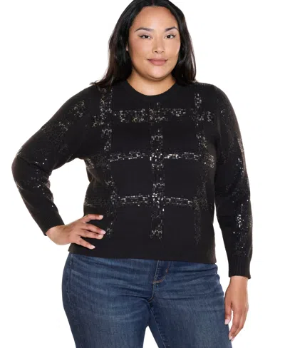 Belldini Plus Size Plaid-sequin Crewneck Pullover In Black