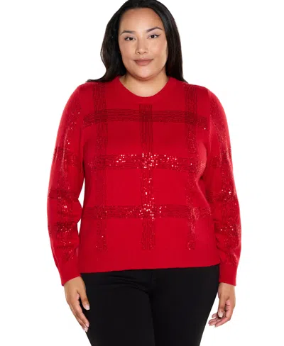 Belldini Plus Size Plaid-sequin Crewneck Pullover In Multi