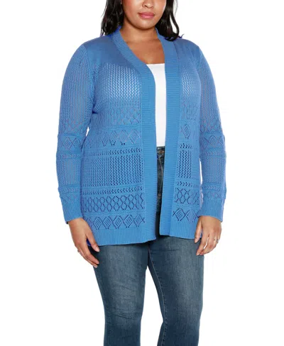 Belldini Plus Size Pointelle Open Cardigan Sweater In Blue Moon