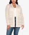 Belldini Plus Size Pointelle Long Sleeves Open Cardigan Sweater In Heather Oatmeal