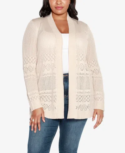 Belldini Plus Size Pointelle Long Sleeves Open Cardigan Sweater In Heather Oatmeal