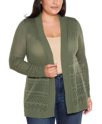 Belldini Plus Size Pointelle Open Cardigan Sweater In Green