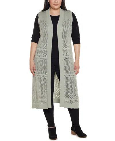 Belldini Plus Size Pointelle Sleeveless Duster Cardigan In Green