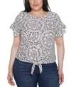 Belldini Plus Size Printed Eyelet Tie-front Knit Top