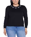 Belldini Women's Puff Sleeve Embellished Neckline Sweater In Black