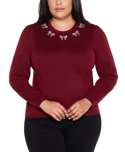 Belldini Plus Size Puff Sleeve Embellished Neckline Sweater In Burgundy