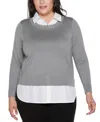Belldini Plus Size Rhinestone-neckline Two-fer Sweater In Gray