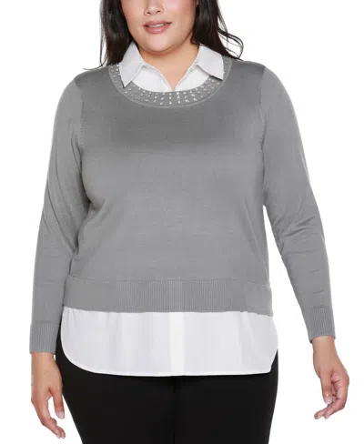 Belldini Plus Size Rhinestone-neckline Two-fer Sweater In Gray