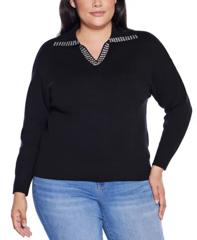 Belldini Plus Size Rhinestone-trimmed Split-neck Sweater In Black
