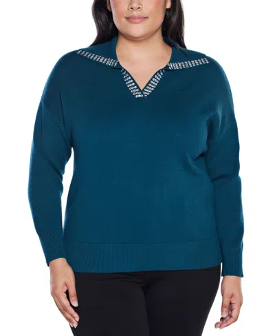 Belldini Plus Size Rhinestone-trimmed Split-neck Sweater In Blue