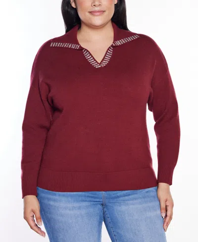 Belldini Plus Size Rhinestone-trimmed Split-neck Sweater In Burgundy