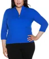 Belldini Plus Size Ribbed Quarter-zip Sweater In Blue