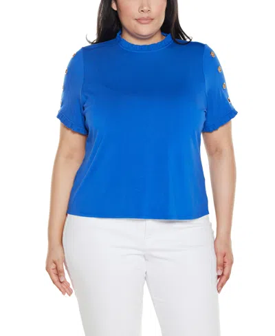 Belldini Plus Size Ruffle-trim Grommet Knit Top In Multi