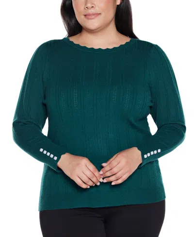 Belldini Plus Size Scalloped-trim Boat Neck Sweater In Green