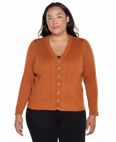 Belldini Plus Size Scalloped-edge V-neck Button-front Cardigan In Black