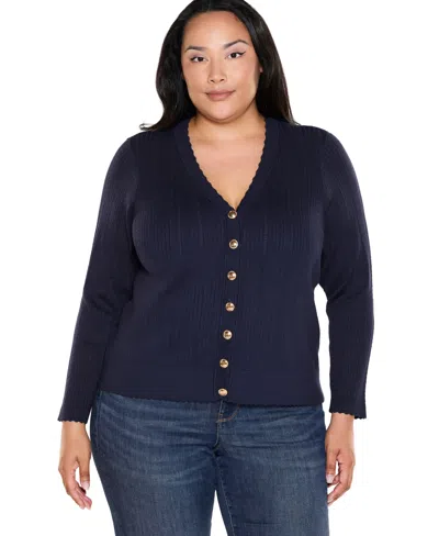 Belldini Plus Size Scalloped-edge V-neck Button-front Cardigan In Blue