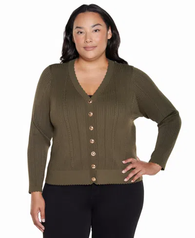 Belldini Plus Size Scalloped-edge V-neck Button-front Cardigan In Multi