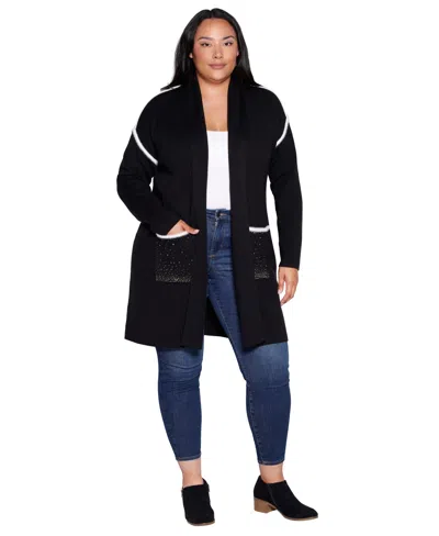 Belldini Plus Size Shawl-collar Pocket Cardigan In Black Combo