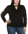 Belldini Plus Size Slit-sleeve Keyhole Knit Top In Black