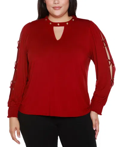 Belldini Plus Size Slit-sleeve Keyhole Knit Top In Red