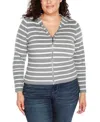 Belldini Plus Size Striped Hooded Cardigan Sweater In Heather Grey Combo