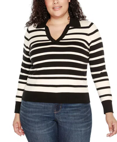 Belldini Plus Size Striped Johnny Collar Sweater In Black,ecru