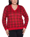 Belldini Plus Size Stylized-houndstooth V-neck Sweater In Red