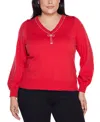 Belldini Plus Size V-neck Rhinestone-bow Sweater In Red