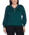 Belldini Plus Size V-neck Rhinestone-bow Sweater In Green