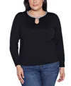 Belldini Plus Size Women's Embellished Keyhole Crew Neck Sweater In Black