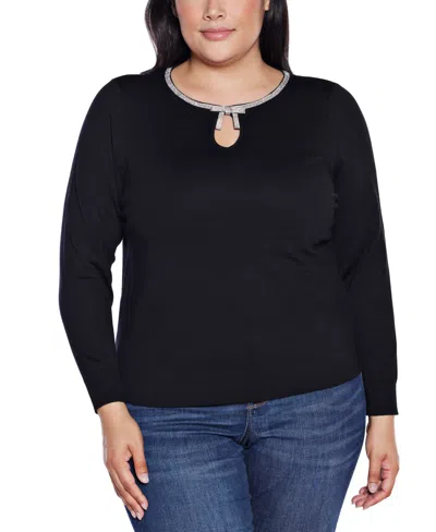 Belldini Plus Size Women's Embellished Keyhole Crew Neck Sweater In Black
