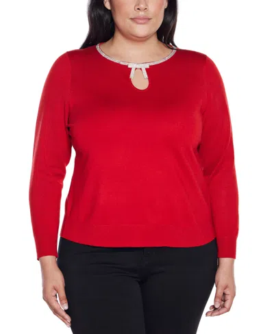 Belldini Plus Size Women's Embellished Keyhole Crew Neck Sweater In Red