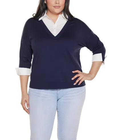 Belldini Plus Size Woven-collar Twofer Sweater In Blue
