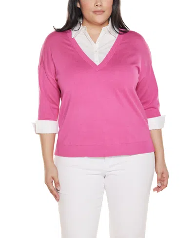 Belldini Plus Size Woven-collar Twofer Sweater In Pink
