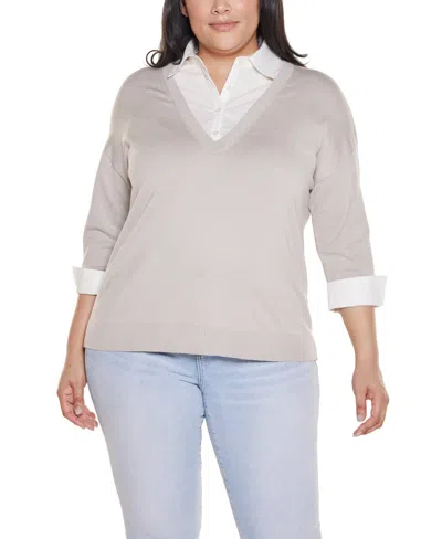 Belldini Plus Size Woven-collar Twofer Sweater In Gray