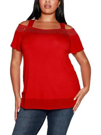 Belldini Plus Womens Embellished Cold Shoulder Pullover Top In Red