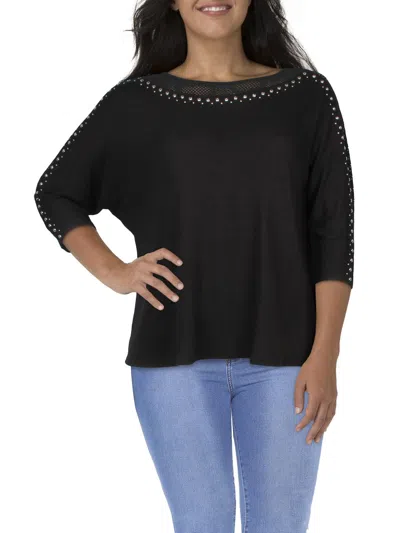 Belldini Plus Womens Embellished Ribbed Knit Blouse In Black