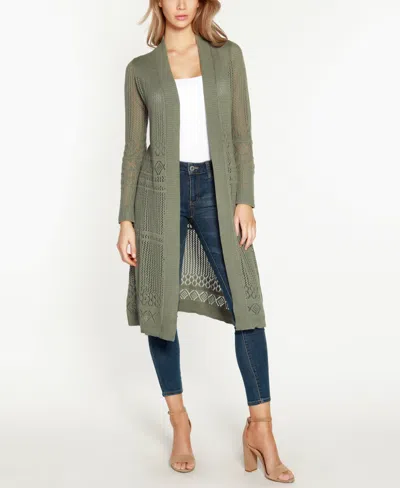 Belldini Pointelle-stitch Duster Cardigan In Olive Grey