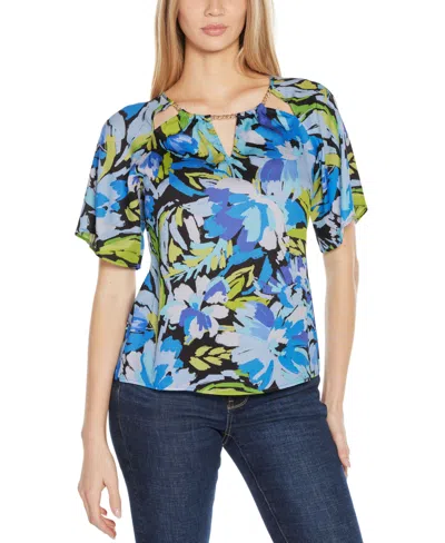 Belldini Black Label Plus Size Abstract Floral Cutout Detail Top In Blue Combo