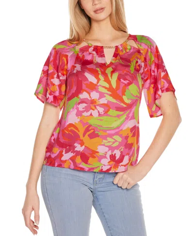 Belldini Women's Abstract Floral Cutout Detail Top In Pink Combo