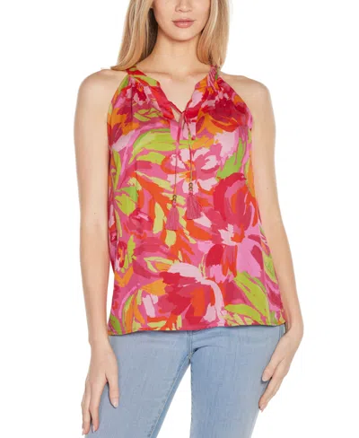 Belldini Women's Abstract Floral Tie-neck Sleeveless Top In Pink Combo